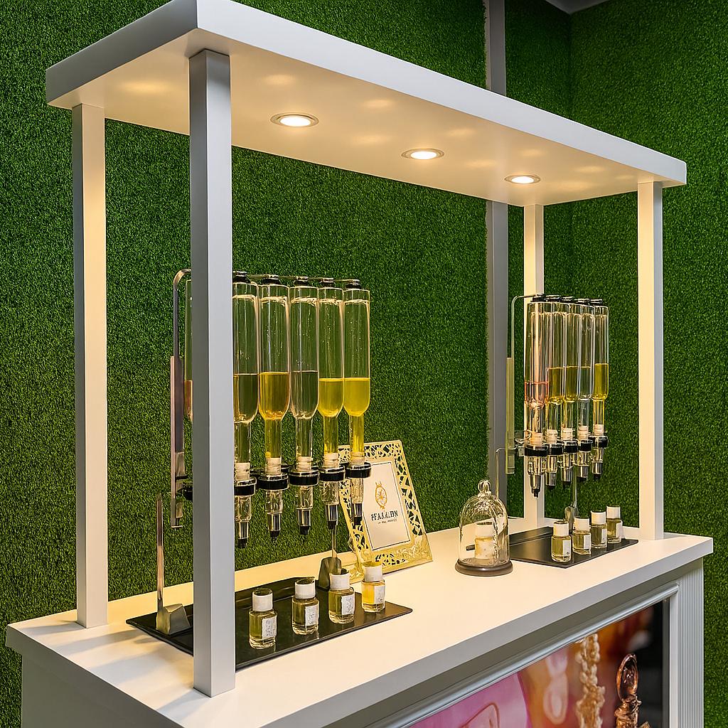 Perfume Booth setup in Dubai featuring a branded fragrance bar with colorful dispensers, interactive screen, and artificial grass backdrop for events and exhibitions